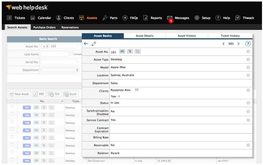 SolarWinds Web Help Desk - Assets Basics view