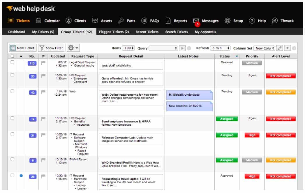 SolarWinds Web Help Desk - Group Tickets view