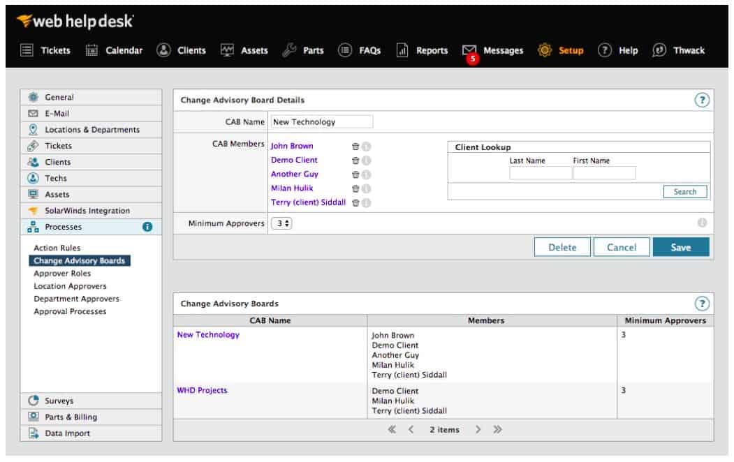 SolarWinds Web Help Desk - Setup view