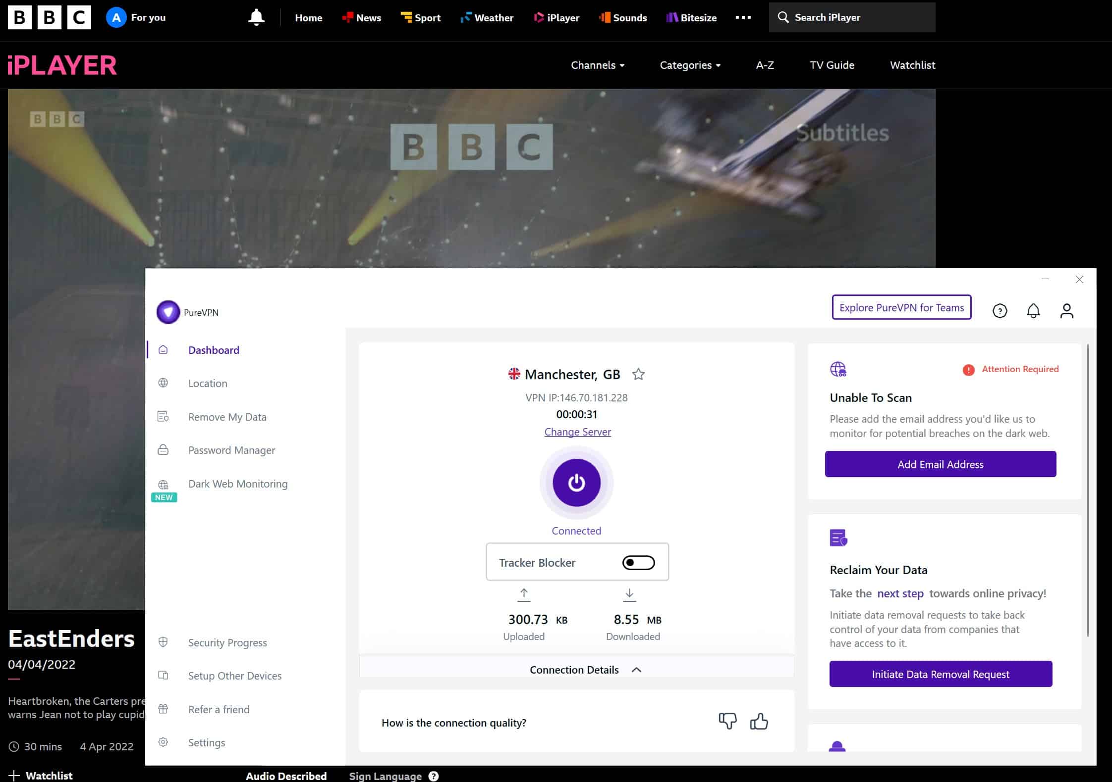 Screenshot showing BBC iPlayer playing content with PureVPN active