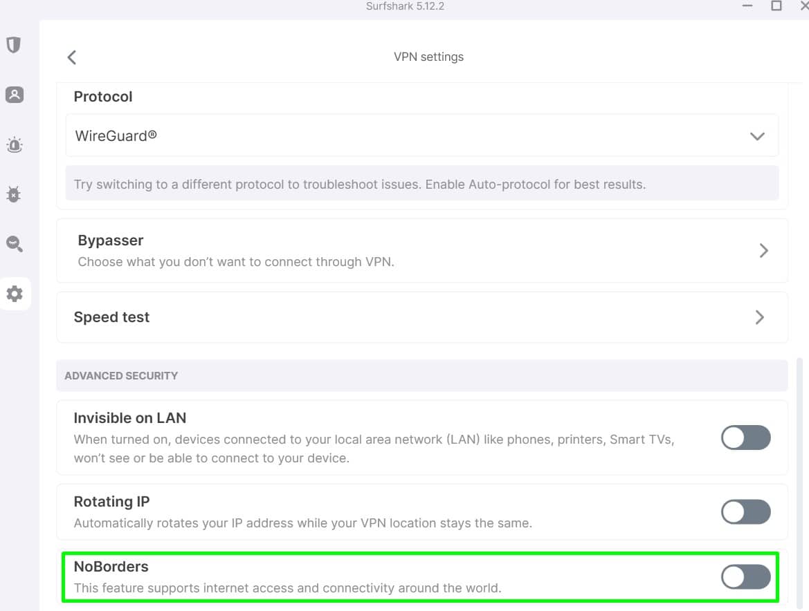 Screenshot of Surfshark's noborders feature