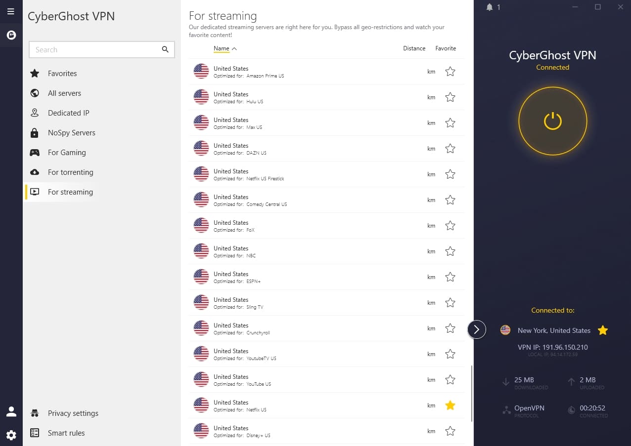 CyberGhost streaming servers.