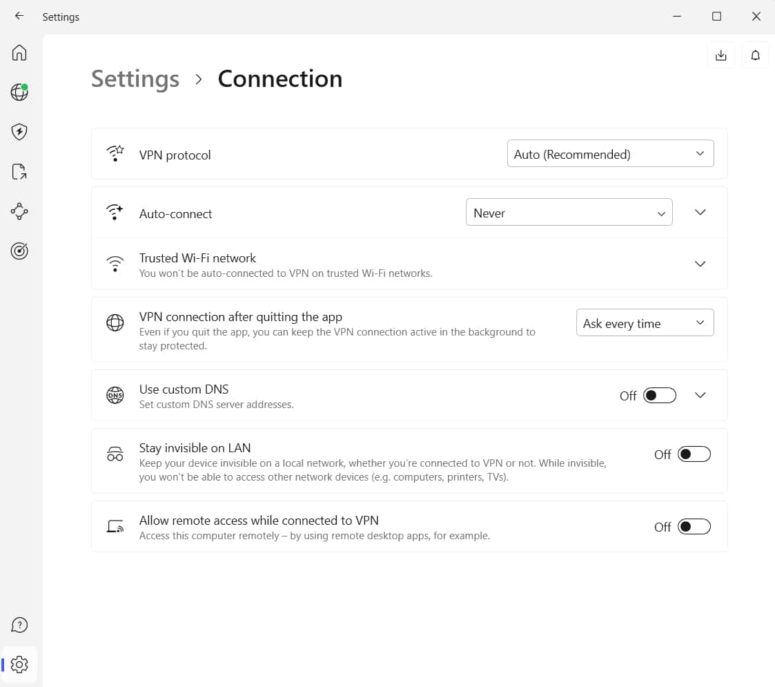 NordVPN Connection settings.