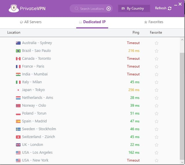 PrivateVPN's server list.