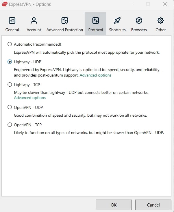 ExpressVPN protocol options