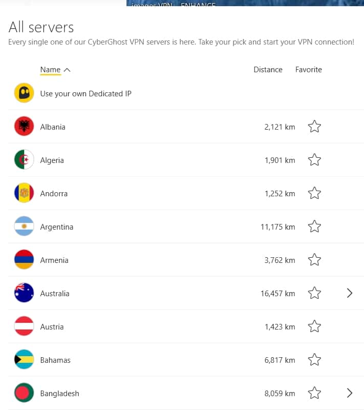 CyberGhost's server list.