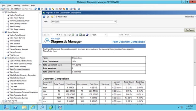 Shows the composition or contents of a SharePoint site. The total number of documents, their size, type, version, and count are shown