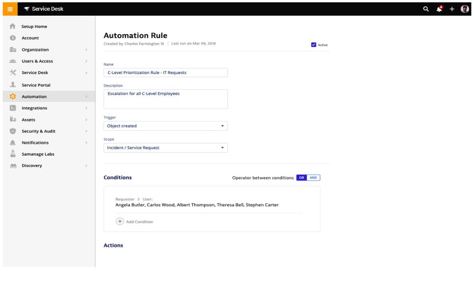 SolarWinds Service Desk - Automation Rule view