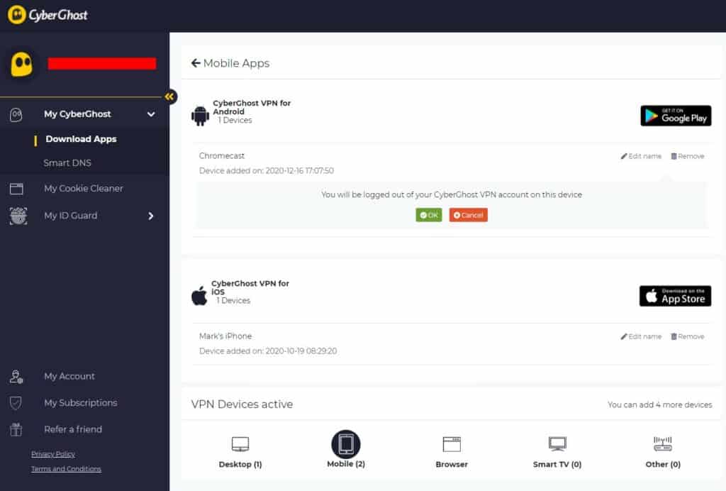 Déconnexion des appareils avec Cyberghost. 