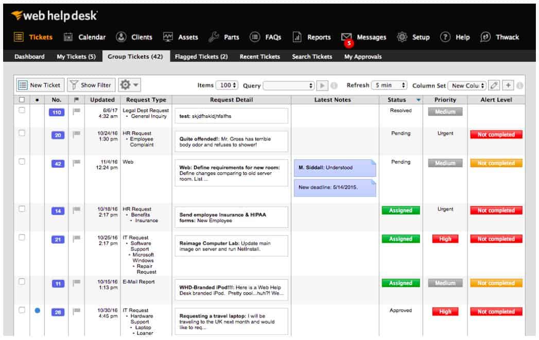 SolarWinds web help desk - Group tickets screenshot
