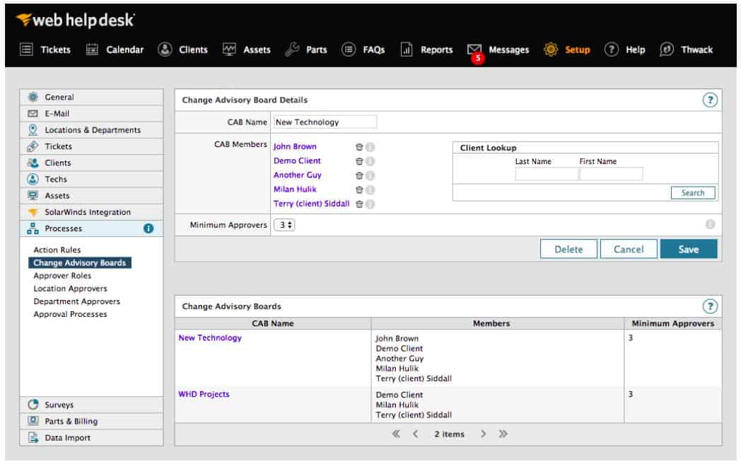 SolarWinds web help desk - Processes screenshot