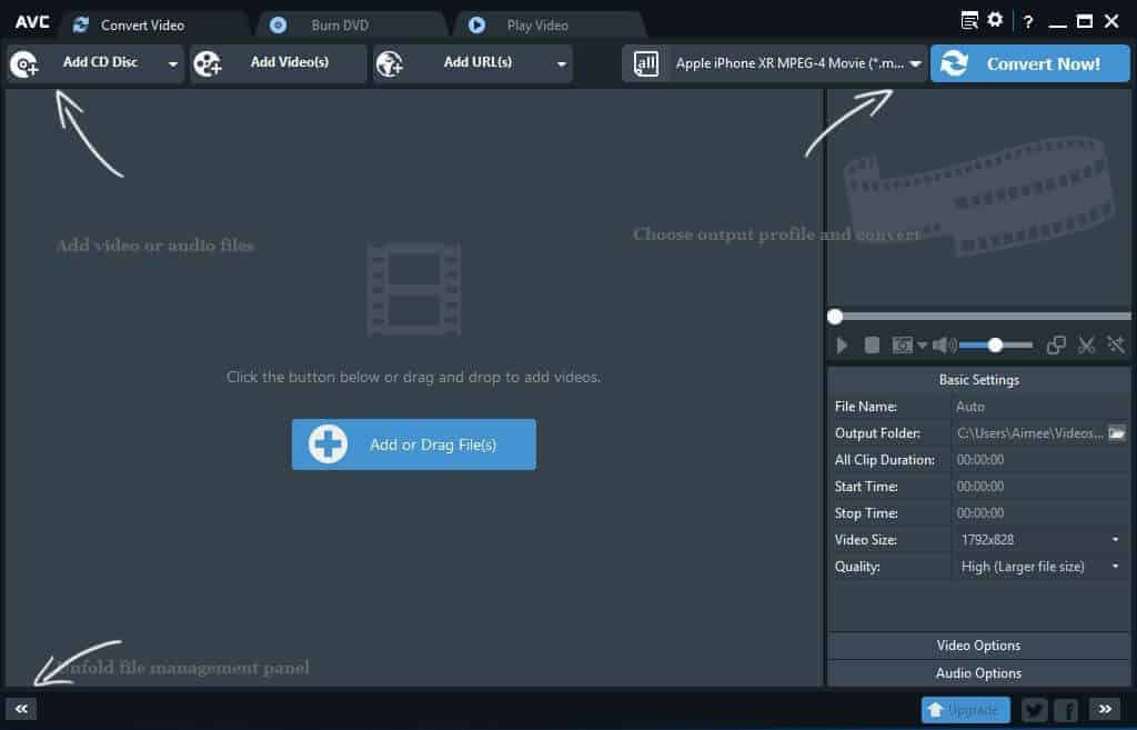 The interface for the AVC best video converter for Windows.