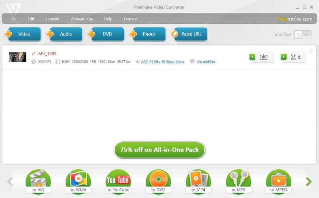 The interface for the Freemake best video converter for Windows.