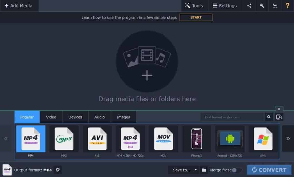 The interface for the Movavi best video converter for Windows.