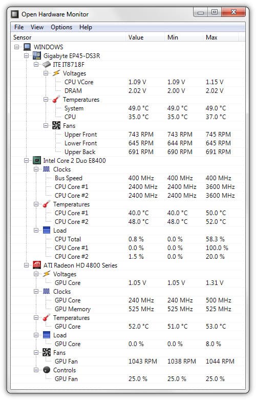 Open Hardware Monitor dashboard