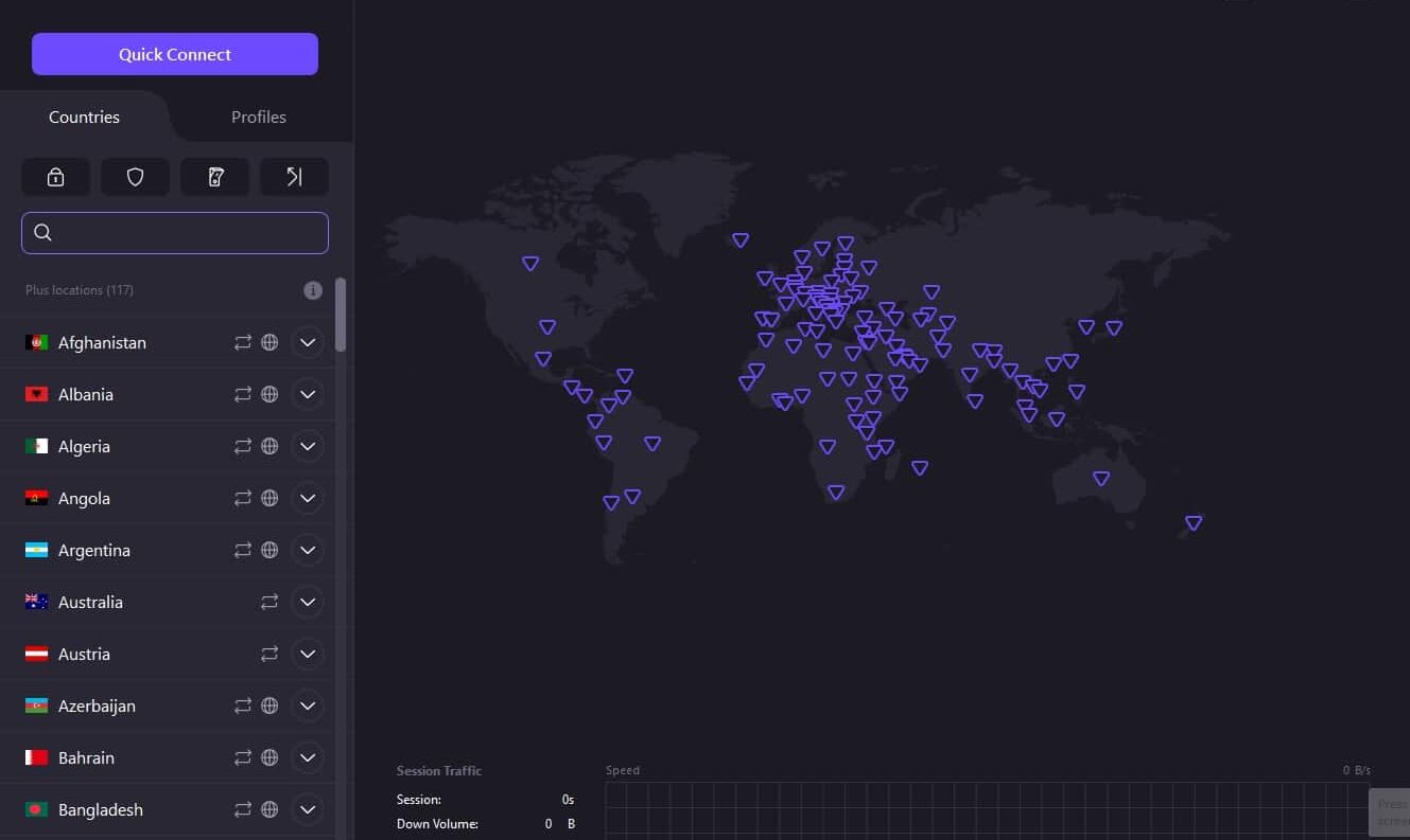 ProtonVPN server list.