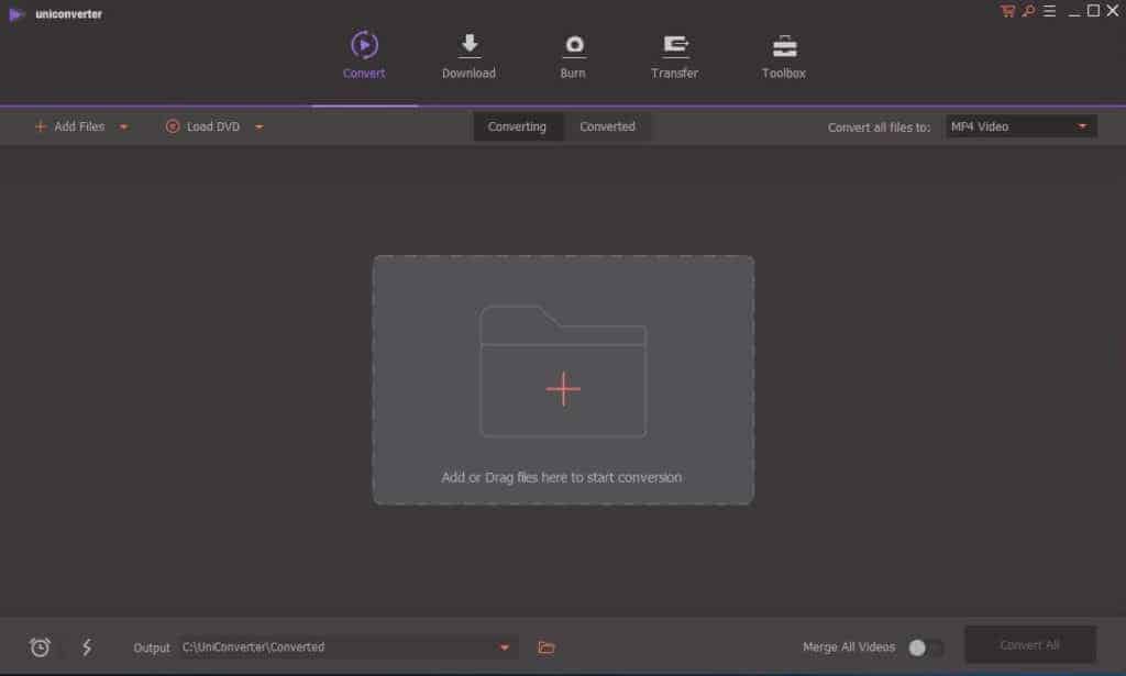 The interface for the Wondershare best video converter for Windows.