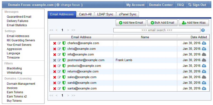 MX Guarddog screenshot of an contact list