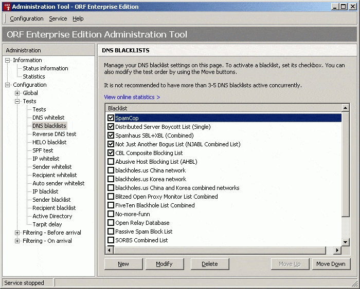 ORF Fusion screenshot of DNS blacklist settings