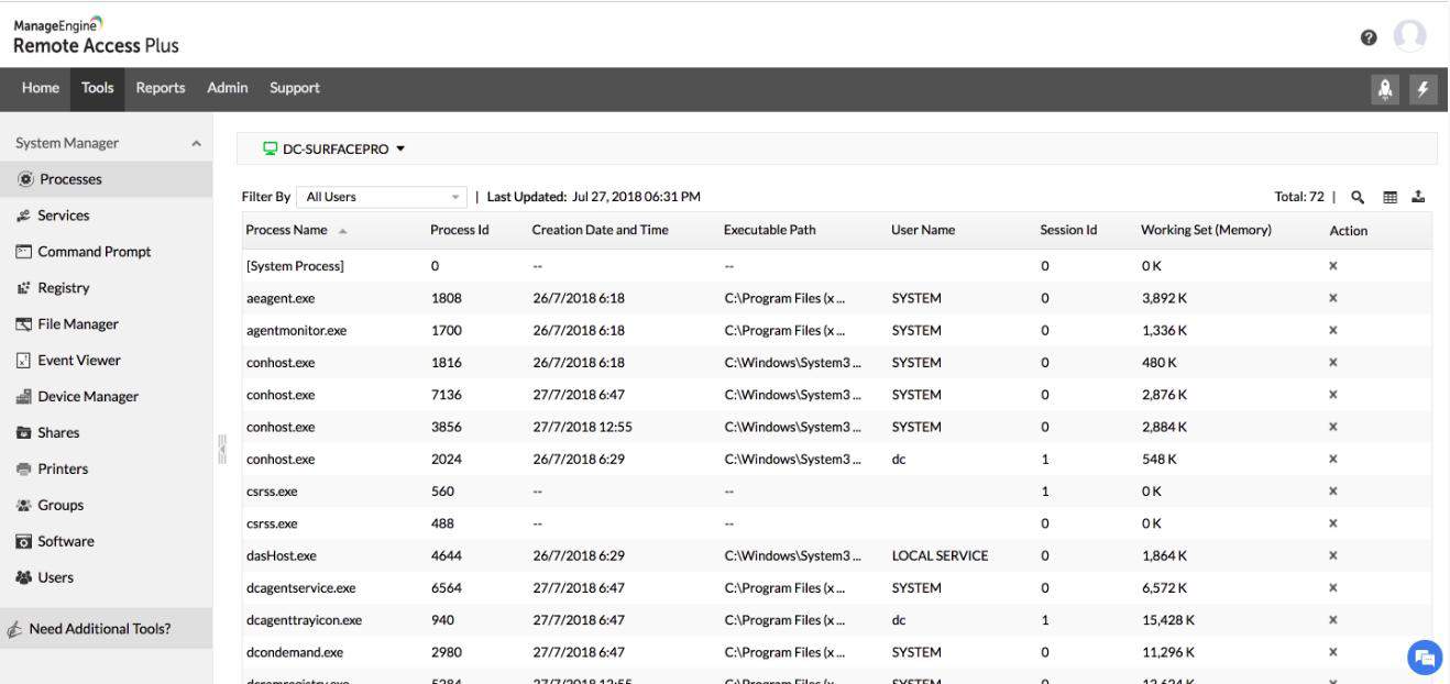 ManageEngine Remote Access Plus - Access Windows Processes