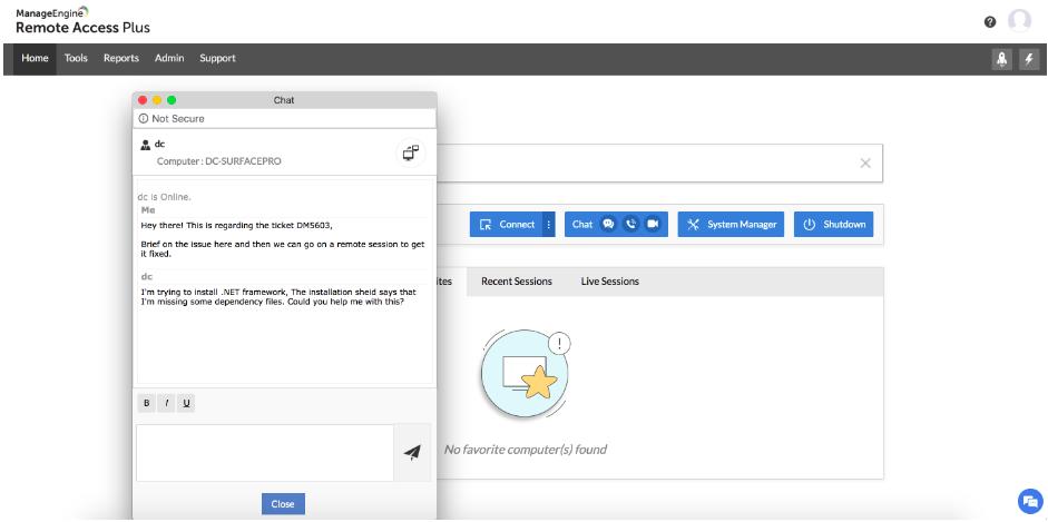 ManageEngine Remote Access Plus - Initiating a chat