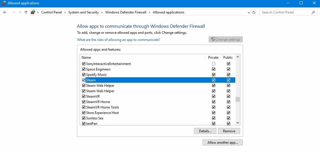 Windows firewall settings