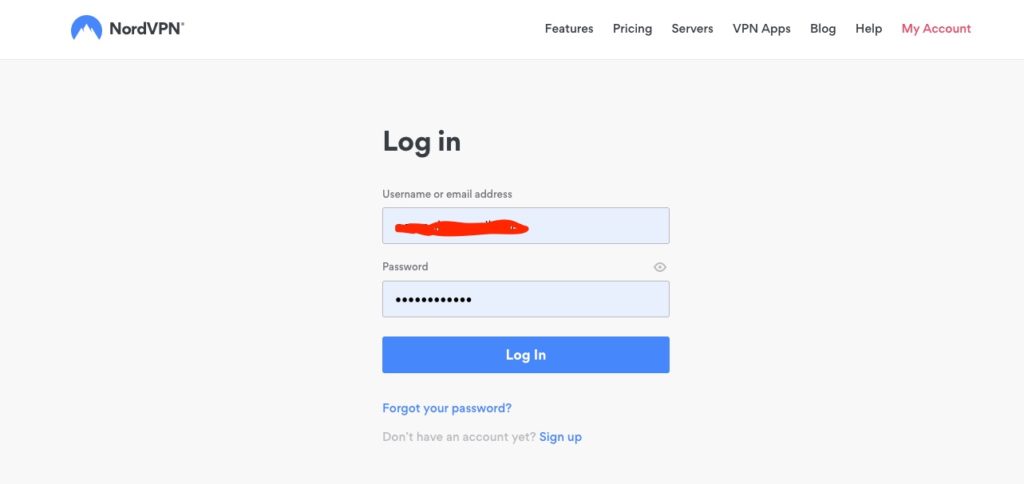 NordVPN Sign in page