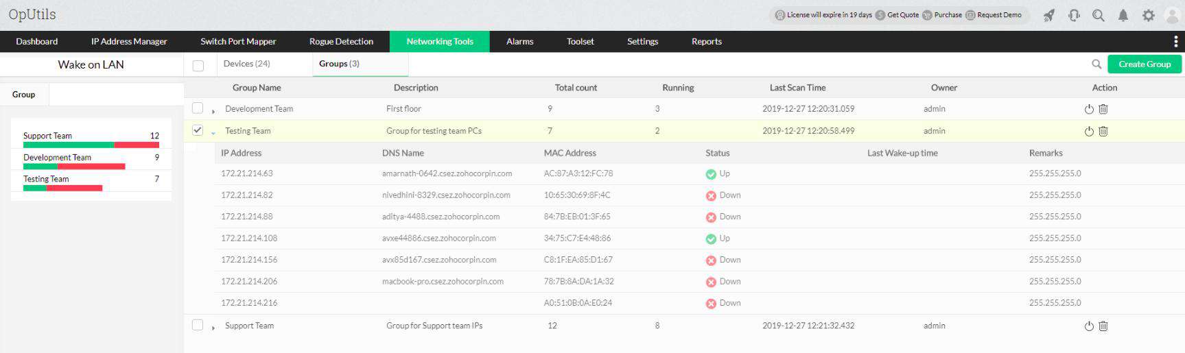 ManageEngine OpUtils - Wake-on-LAN view