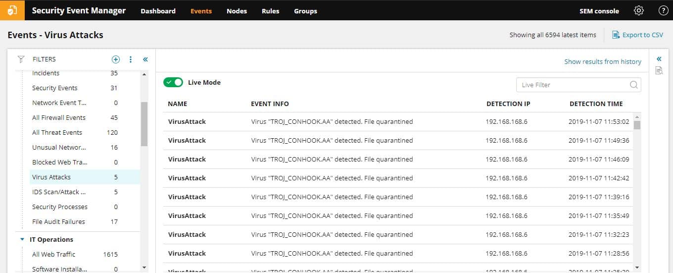 SolarWinds SEM control panel