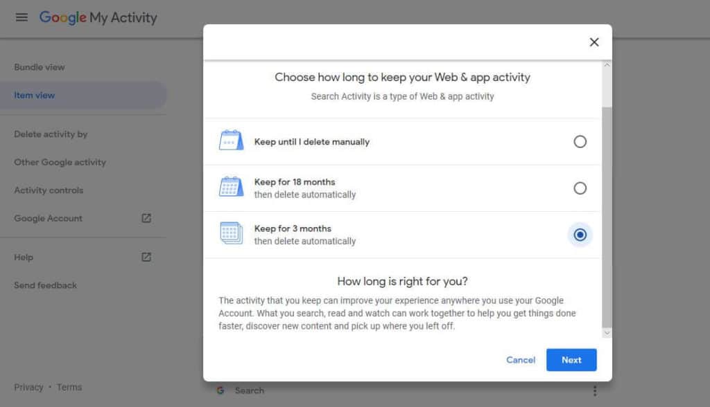 Deletion period screen.