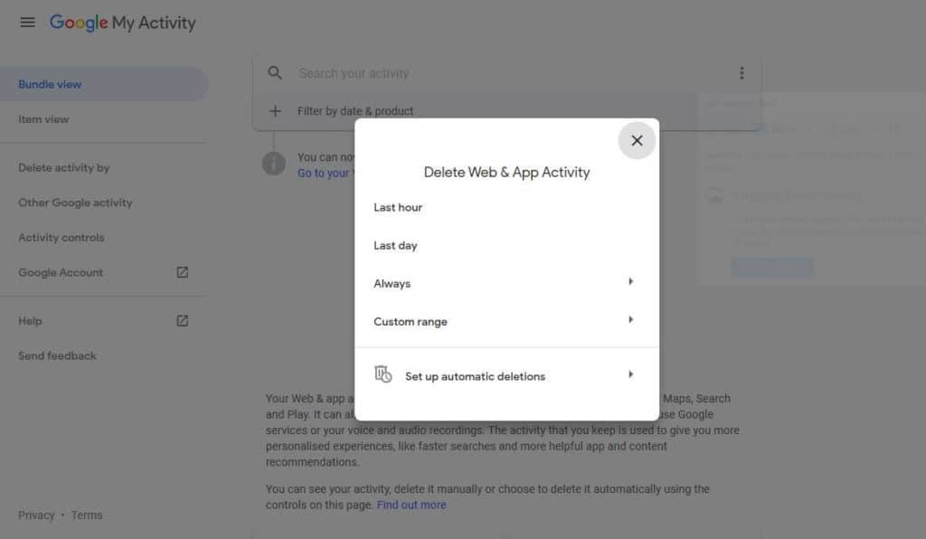 Delete Web & App Activity popup.