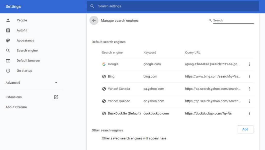 Chrome Manage search engines page.