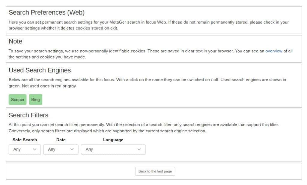 MetaGer best private search engines settings.