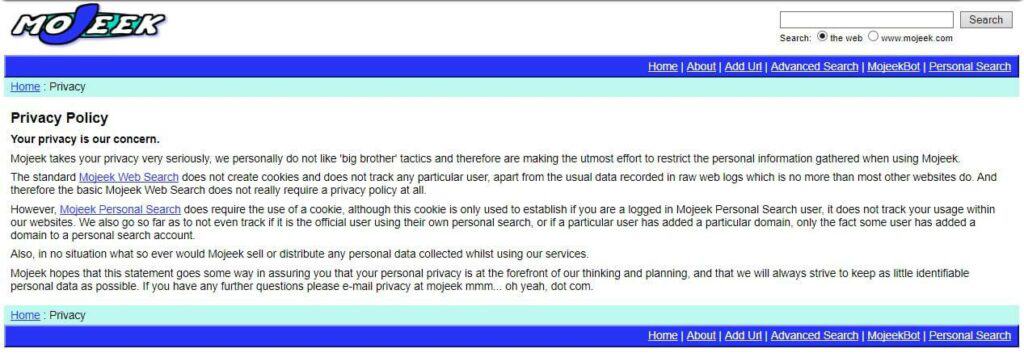 Mojeek's archived privacy policy.