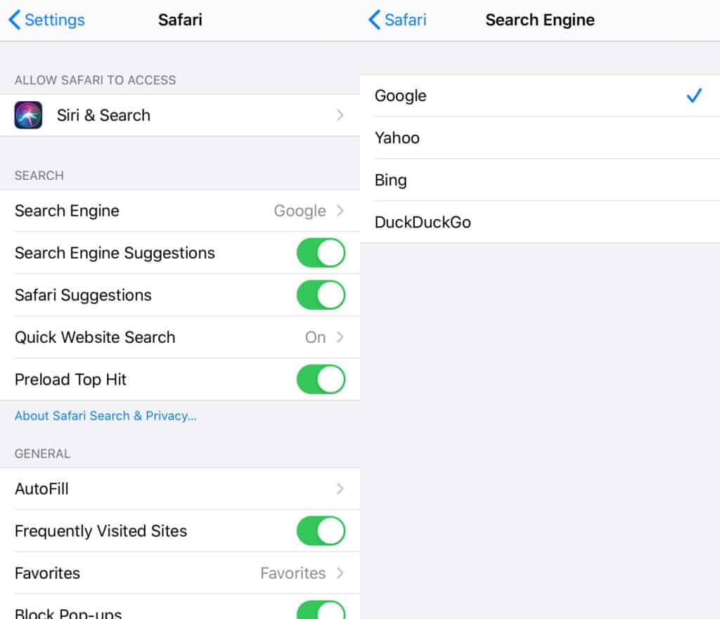 iOS search engine settings.
