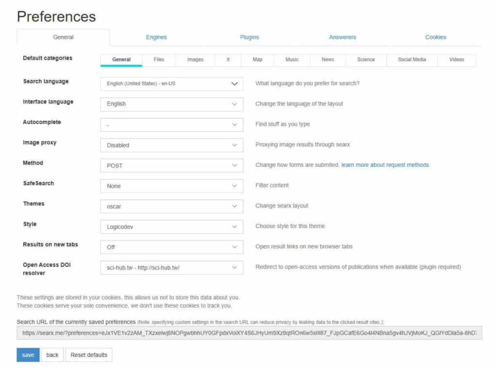 Searx preferences.