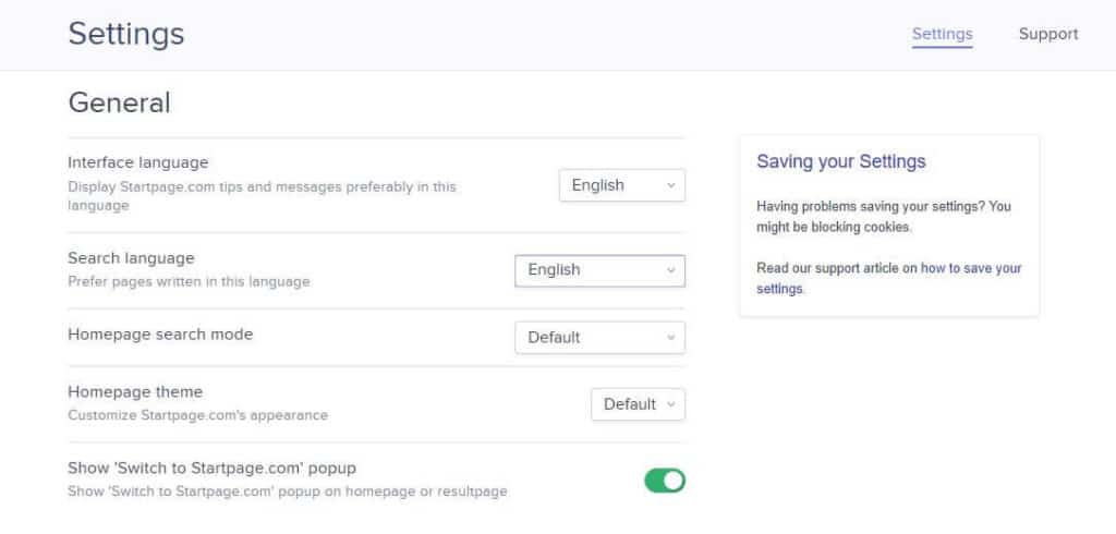 Startpage settings.