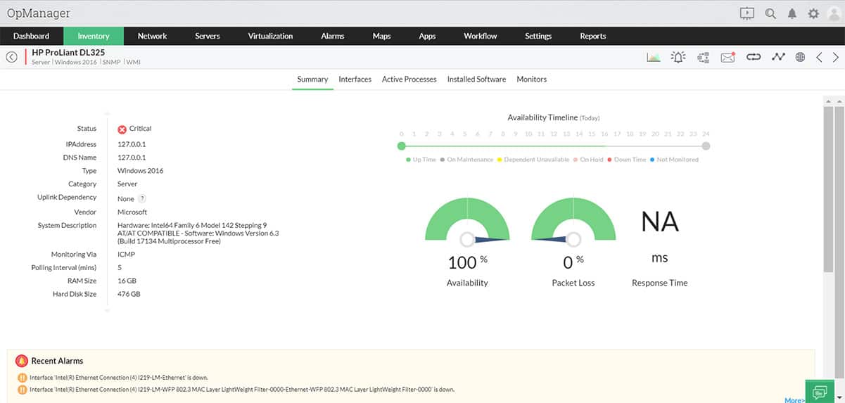 OpManager server monitoring dashboard