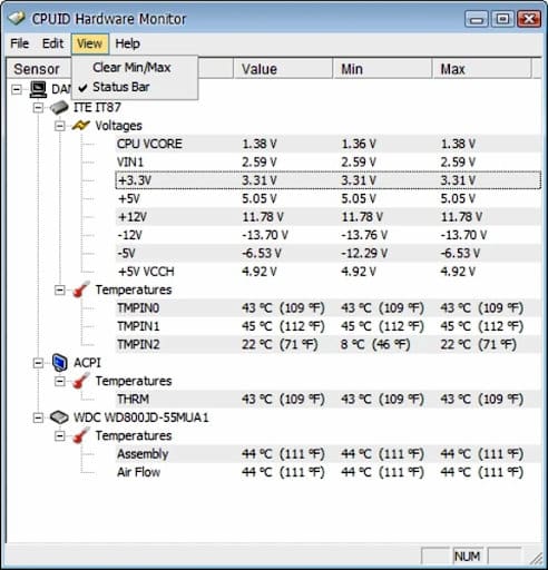 CPUID HWMonitor interface showing real-time voltage and temperature readings for system components.
