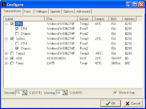 SpeedFan configuration panel for assigning sensors and temperature limits