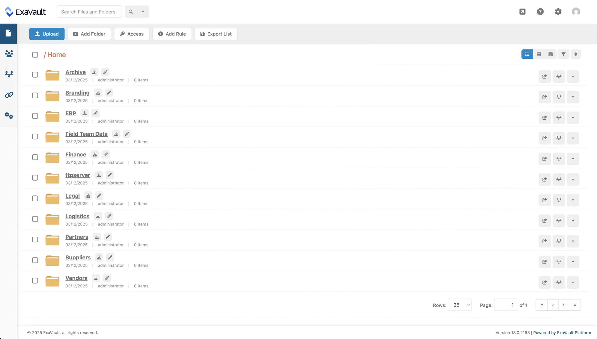 ExaVault main dashboard
