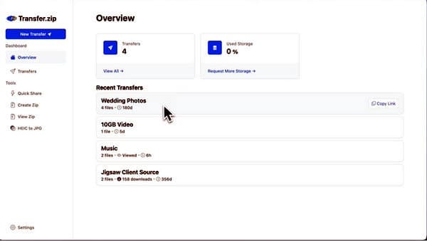 The user app keeps a record of recent transfer activity