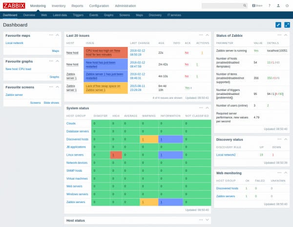 Zabbix dashboard showing system and host statuses