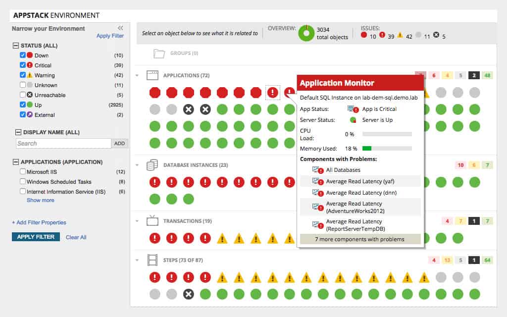SolarWinds Systems Management Bundle's pop-up box showing data about app and server status