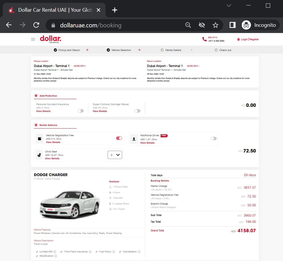 Car rental booking via Dollar for DXB