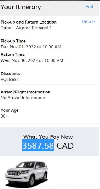 Rental car booking for Hertz at DBX