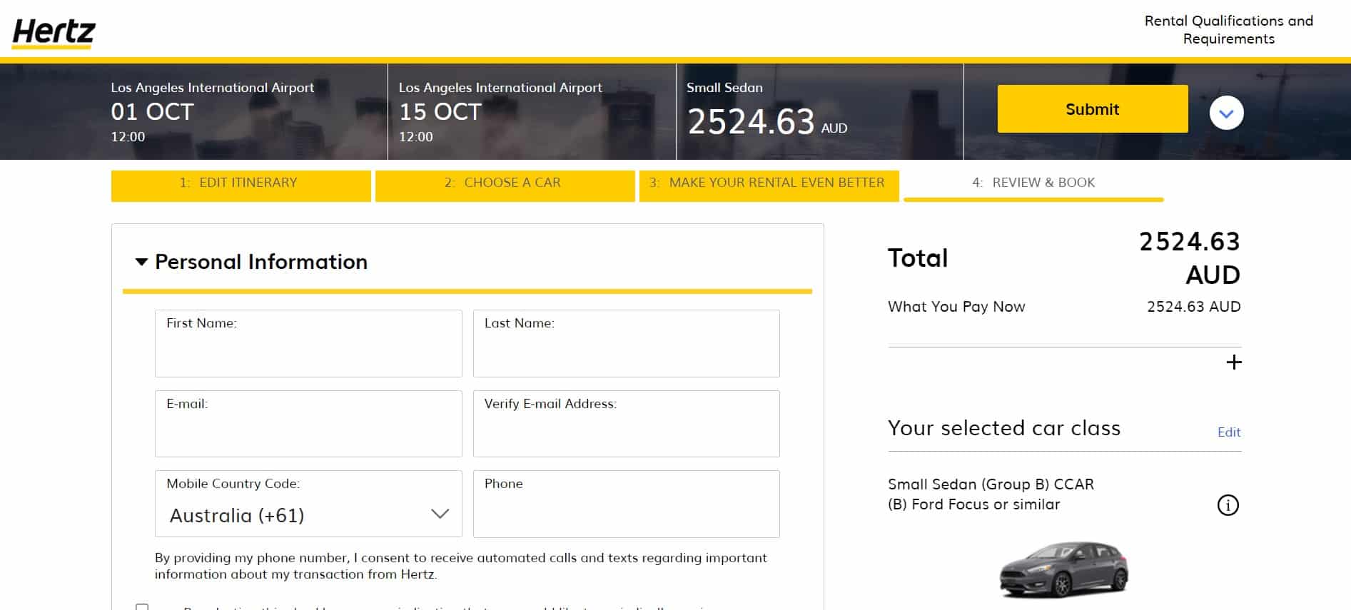 Hertz car rental booking for LAX from Australia