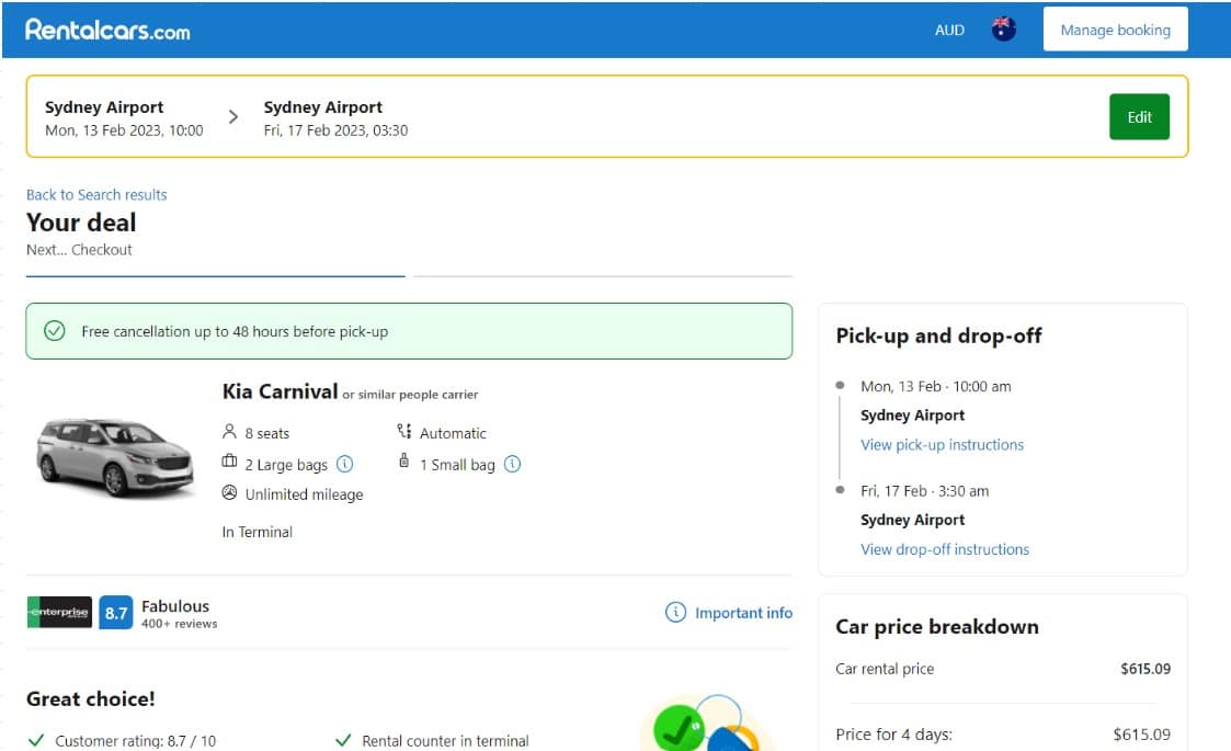 Car rental booking for RentalCars.com for SYD