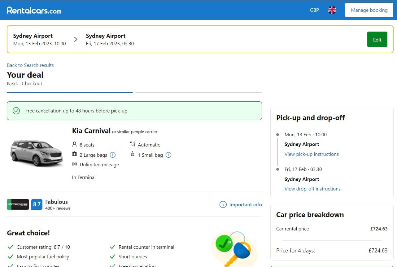 Car rental booking for RentalCars.com for SYD