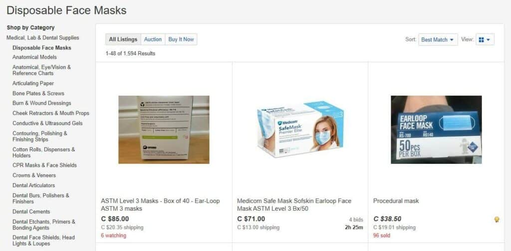 Face masks for sale on eBay.